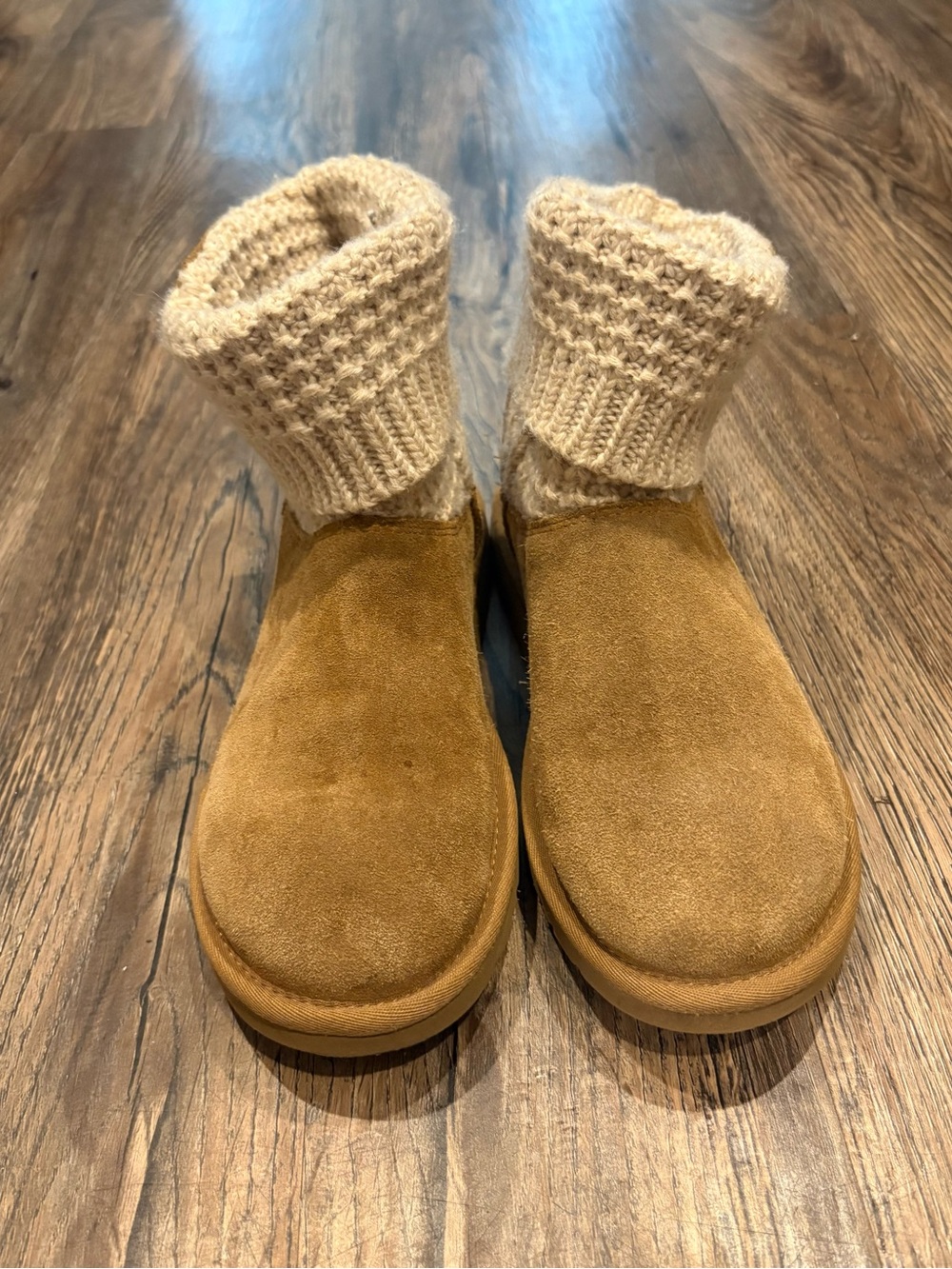 UGG Chestnut Suede Slip-On Booties with Cream Knit Cuff